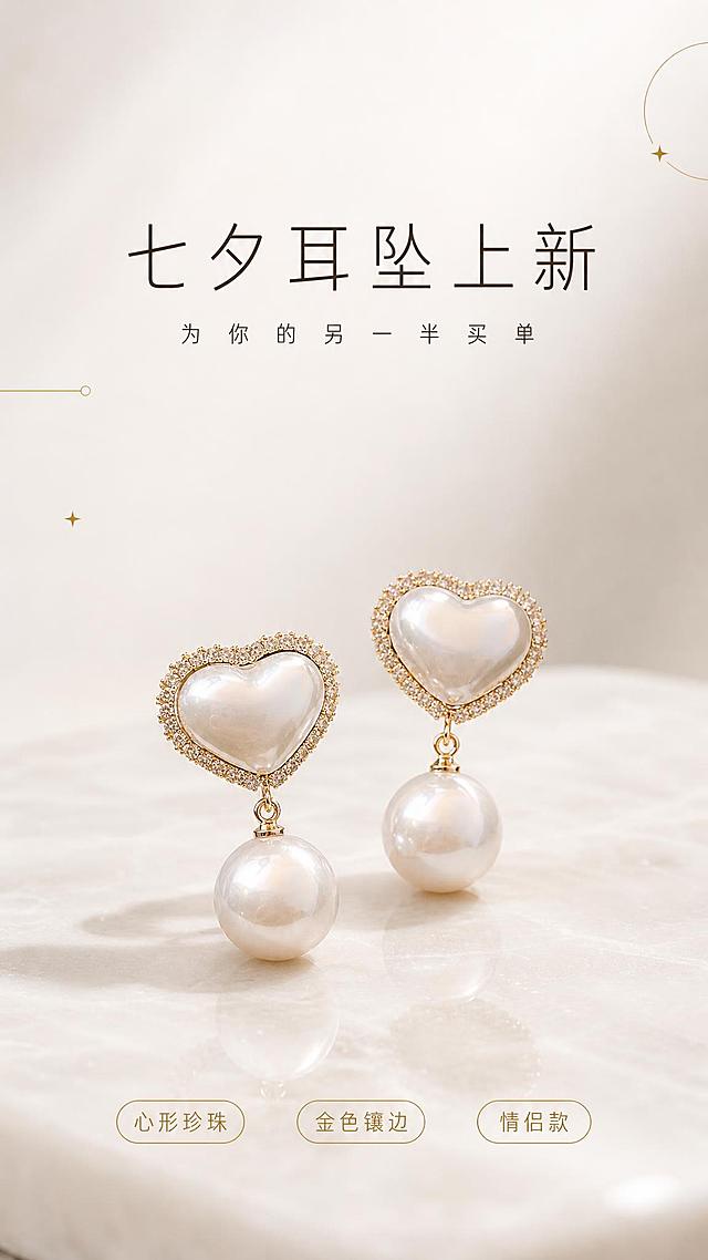 以上传的商品图为唯一商品主体来源，将画面重新制作为 9:16 竖版七夕上新海报，写实商业摄影风格，极简留白，高清细腻。

【产品保真（硬约束）】100% 还原上传商品图中的耳饰：心形耳坠一对，心形面为浅香槟贝母/珍珠质感，边缘环绕密集小珍珠与金色珠边镶嵌，下方垂坠一颗圆形珍珠，金色耳钩结构；完整保留心形轮廓、比例、镶嵌结构、珍珠大小关系、金属颜色与一对的形态关系。产品外观比例自然，部件完整准确，材质真实。

【场景与光影】背景替换为干净简约的浅白至极浅暖米色微渐变，纯净无杂物；承托面为浅白哑光石材台面，带柔和自然倒影；顶部侧前方大面积柔光箱质感，柔和高光与细腻渐变阴影，珍珠与贝母通透光泽细腻可见，金色金属细腻镜面反射；背景极轻虚化，产品完整清晰不被遮挡。

【构图】耳饰一对位于画面中下部，占画面高度约32%，成对并置、微微前后错落，主体不贴底，四周留足安全边距；画面上半部大面积留白专用于文字排版，文字与产品互不遮挡。

【配色】浅白、米白主色约占80%，精致香槟金细线条点缀约占15%，极少量淡雾粉营造淡淡七夕氛围；低饱和度，高级克制安静。

【装饰】右上角与左侧各一处极细金色线条（细圆环与短直线组合），另有几颗极小金色星点，克制不抢主体。

【文字】画面上部居中：主标题「七夕耳坠上新」，深棕灰色细字重无衬线简体中文，字号大而雅致，字距略宽；主标题下方副标题「为你的另一半买单」，同色系小号字，字距宽松。画面底部居中横排三枚金色细边框胶囊标签，文字分别为「心形珍珠」「金色镶边」「情侣款」，字号小、字距宽、清晰规范。所有文字笔画完整、不变形、不扭曲、不错字、不重影，边缘锐利，与背景对比清晰可读；除上述文字外画面不出现任何其他文字、水印、logo 或伪文字。

【氛围与画质】干净简约、低饱和、轻奢高级、淡淡七夕浪漫氛围，无繁杂元素，留白充足，商业摄影质感，8K 超高清，细节细腻，电商主图级品质。
