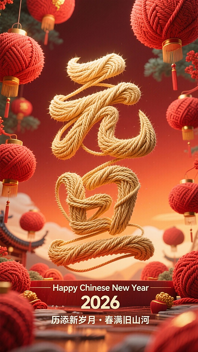 3D绳索肌理字体“元旦”立体呈现，毛发生长质感强化视觉冲击，红金配色搭配中式灯笼与屋檐，营造喜庆祥和的春节氛围。
