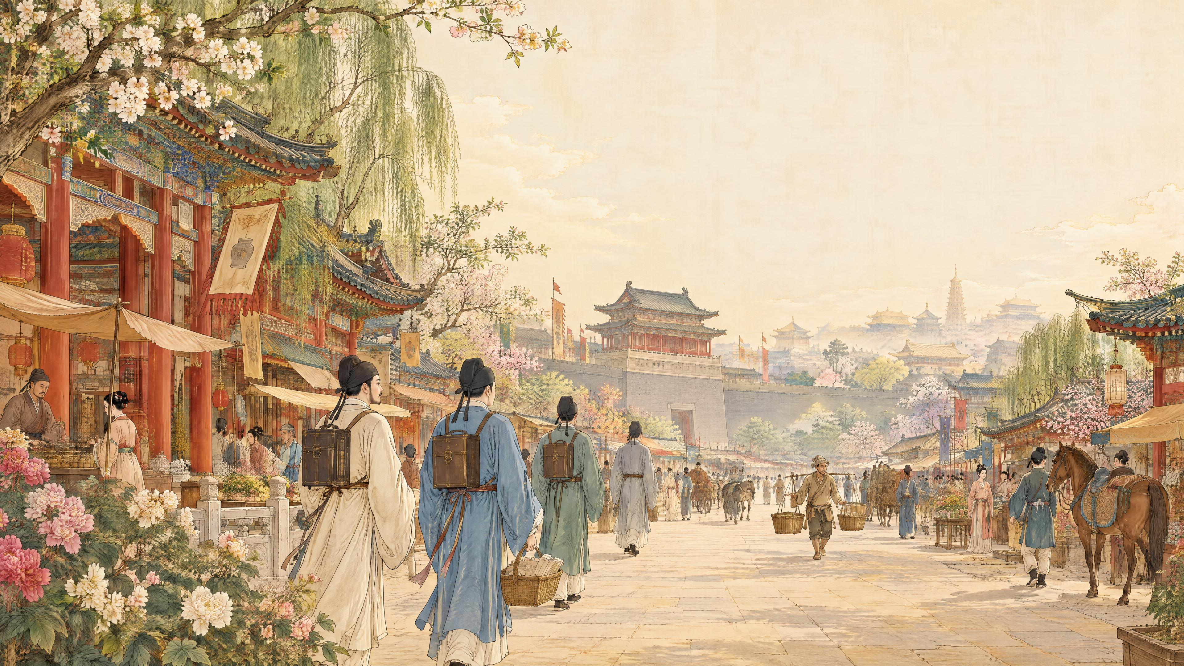 明代仿院体工笔国风插画，唐代长安春日街市，明媚春光，清明上河图… - 图片创意预览