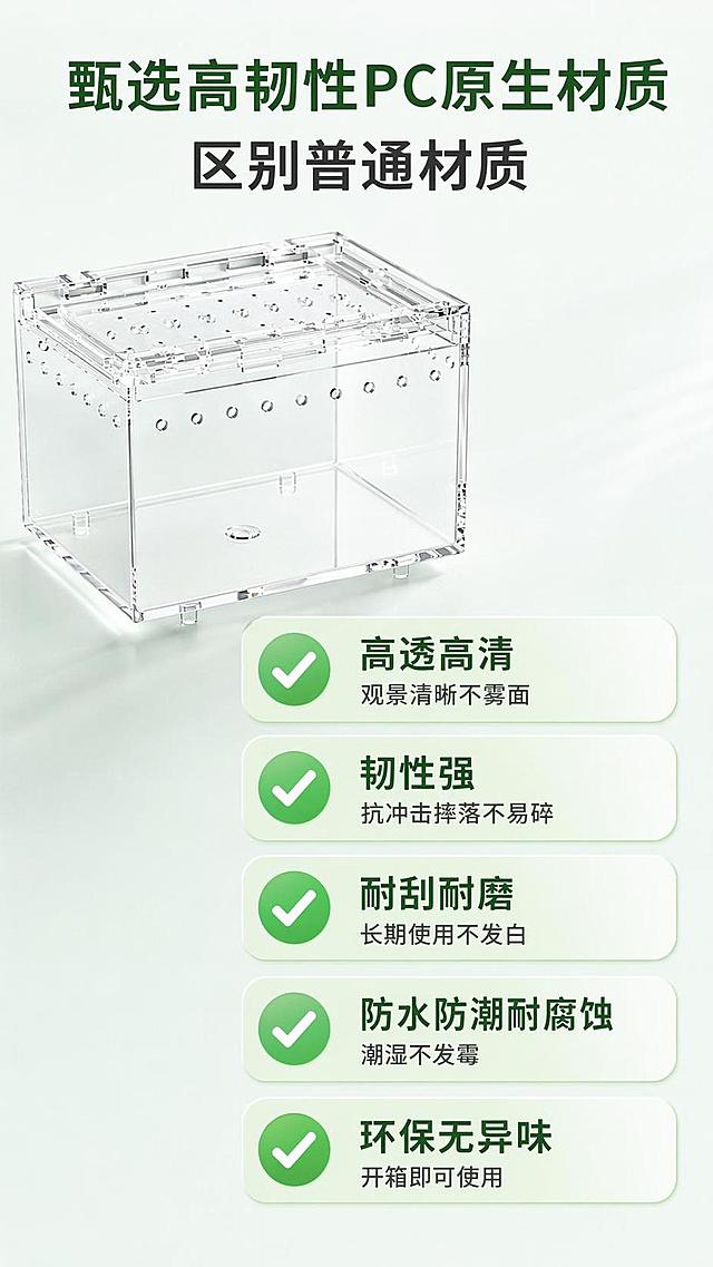 [第3屏] 核心材质优势解析，介绍高韧性PC原生材质对比优势。本屏使用【图1】展示产品通透质感。
[氛围/风格] 专业材质解析，清晰直观，干净简约，突出材质性能优势。
[元素布局] 产品主体放于画面左上，占比约50%，右下分五个卖点卡片排列，每个卖点配对勾图标，产品外观尺寸结构与原图保持一致。
[光影质感] 侧光突出透明材质质感，缸体轮廓清晰通透，反光自然，无生硬阴影。
[配色色系] 全局底色 #F0F8F5，主色深绿，辅助色浅绿卡片，深灰文字。
[视角构图] 左上产品右下文字，斜向构图，阅读动线从上到下。
[文字版式] 顶部标题：甄选高韧性PC原生材质，区别普通材质。五个卖点依次排列：✅高透高清观景清晰不雾面；✅韧性强抗冲击摔落不易碎；✅耐刮耐磨长期使用不发白；✅防水防潮耐腐蚀潮湿不发霉；✅环保无异味开箱即可使用。每个卖点配绿色圆形对勾图标，文字清晰，不遮挡主体产品。
[比例分辨率] 9:16竖版比例，4K分辨率，文字清晰可辨，高清画质。
[负向提示词] 产品变形，材质表现失真，文字错乱，文字过小，水印，缺件