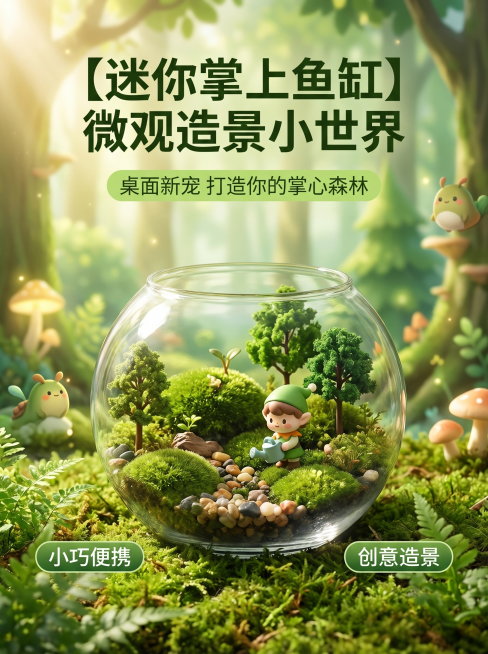 [主图 1] 掌上鱼缸微观造景缸首图，森林卡通风格。[氛围风格] 治愈梦幻森林卡通氛围，搭配可爱卡通人物，真实产品质感。[画质] 商业摄影质感、光线柔和通透、产品清晰真实、画面干净高级。[元素] 圆形预览效果