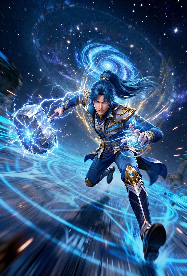 蓝发唐三俯冲姿态强力冲出画面，一只手向前伸出帅气手势，手指间环绕流动光效线条与能量；另一只手置于身后紧握巨型战锤，锤身缠绕狂暴闪电与电光特效（参考第三张图的锤子设计），神力四溢；发尾随风飘逸，动态自然利落；整体英气逼人、气场强大，背景为深邃星空与能量漩涡，电影级光影，高画质CG渲染, 大型3D游戏风格，酷炫特效，张力十足，能量感浓郁