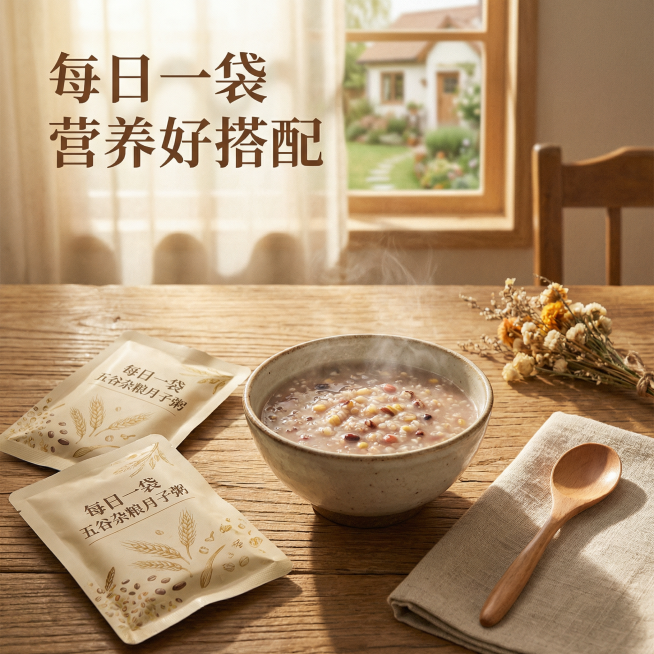 独立袋装五谷杂粮月子粥食用场景展示，自然原生态风格，真实生活氛围感。模拟第一人称视角，展示餐桌上摆放一碗盛好的月子粥，旁边放着两袋独立小包装，背景是温馨干净的原木餐桌，窗户外透进自然暖阳，整体自然舒适预览效果