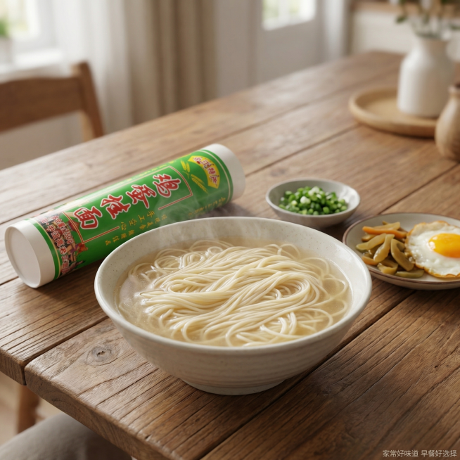 [主图 4] 鸡蛋挂面食用场景展示主图
[氛围风格] 生活美食氛围感，温馨居家风格
[画面元素] 商业摄影质感、光线柔和通透、产品清晰真实、画面干净高级。一碗煮好的鸡蛋挂面放在清新木质餐桌上，汤色清亮预览效果