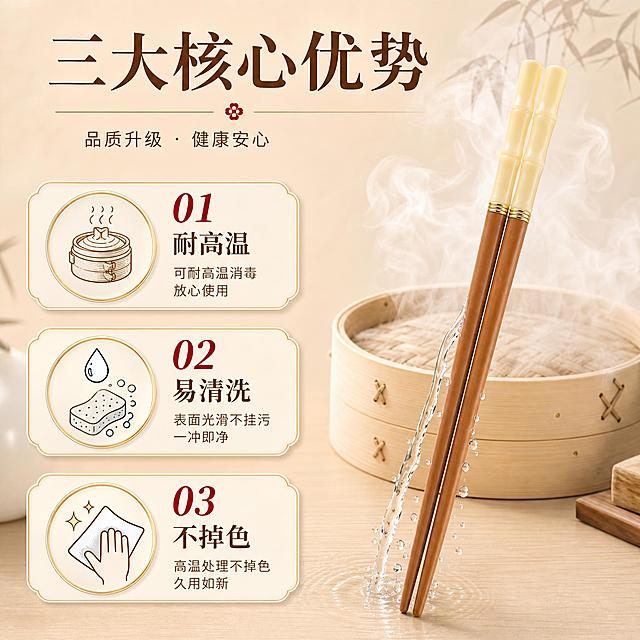 [主图-2] 核心卖点聚焦图，突出三大核心优势：耐高温、易清洗、不掉色。
[统一基调] 整体风格：新中式简约高级，背景主色：浅米色+浅木色渐变，标题字色：深棕色，辅助字色：暖金色，强调色：朱红点缀，字体样式：宋体衬线标题+无衬线正文，卡片样式：细金边圆角卡片，图标：线性中式图标。
[画面] 画面中央偏右放置一双竹节双色合金筷，筷身完整展示，占比约40%。左侧分三个区块纵向排列三大卖点：1. 上方：耐高温——旁边配一个冒着热气的蒸笼小图标，筷子置于蒸汽中，暗示可耐高温消毒；2. 中间：易清洗——旁边配水滴+海绵擦拭图标，水流冲洗筷身，水珠滑落不挂水；3. 下方：不掉色——旁边配白色擦拭布图标，布面干净无染色痕迹。每个卖点配一个圆形金边图标+大号数字+短标题。
[光影质感] 商业摄影质感，均匀柔光，筷身材质清晰，竹节与木纹细节分明，蒸汽和水滴效果真实自然，整体干净透亮。
[配色] 浅米色背景+深棕文字+金色图标边框+蓝色水滴点缀，保持暖色调统一。
[文字版式] 顶部大标题"三大核心优势"；左侧三列卖点，每列：圆形图标在上，大号关键词（耐高温/易清洗/不掉色）在下，配一行小字说明；右侧产品主体。文字左对齐，层级分明。
[输出要求] 1:1正方形，2048*2048，2K分辨率，文字清晰，产品清晰，无变形，无水印，无平台Logo。