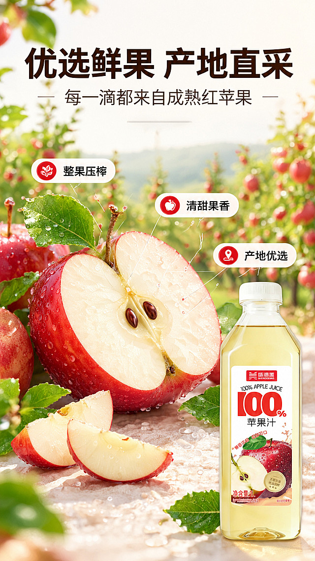 [商品] 使用【图1】农夫山泉100%苹果汁PET透明瓶装；保留白色螺旋瓶盖、透明瓶身、正面白底标签、红色品牌方块Logo与"100%""苹果汁"文字及苹果图案，比例结构颜色不变；本张产品作辅助元素置于画面右下方，占画面约28%。
[画面] 目标：用大尺度鲜果与产地实景证明原料纯净；原料微距+产地叙事型，一颗横切红苹果剖面占据画面主视觉、占画面约40%并位于中部偏左，完整红苹果与带叶枝条环绕其侧、合计占画面大半；后景为虚化的苹果园产地实景（挂果果树、自然阳光、绿意），前景摆放几片苹果切片与晶莹水珠，形成前中后景三层；阅读动线：主标题→原料剖面→产地背景→产品与说明。
[视觉] 套系策略：风格=清新果感高端商业摄影；标题字=现代无衬线粗黑体；正文字=简洁细黑体；主色=清透米白；背景延展=基于清透米白做深浅层级、同色渐变与细腻果肉水润质感；强调色=鲜苹果红，仅用于小面积图标、引线、标签；标题色=深果褐；正文色=中暖灰；组件=圆角浅底信息卡、细线引线、圆形数据标签；光影=顶部偏侧柔光，通透轮廓光只勾瓶身与液面边缘。
[文字] 画面上方横向留白放主标题"优选鲜果 产地直采"，其下一行副标题"每一滴都来自成熟红苹果"；苹果剖面旁用横向引线信息点标注"整果压榨""清甜果香""产地优选"；全部文字仅横向排版，禁止竖排、旋转、斜排，字号保证手机端可读，不遮挡原料剖面与产品。
[规格] 图片比例9:16竖版，4K，避免变形、错字、文字过小、苹果剖面失真、包装文字错乱、冷蓝或冷灰背景。