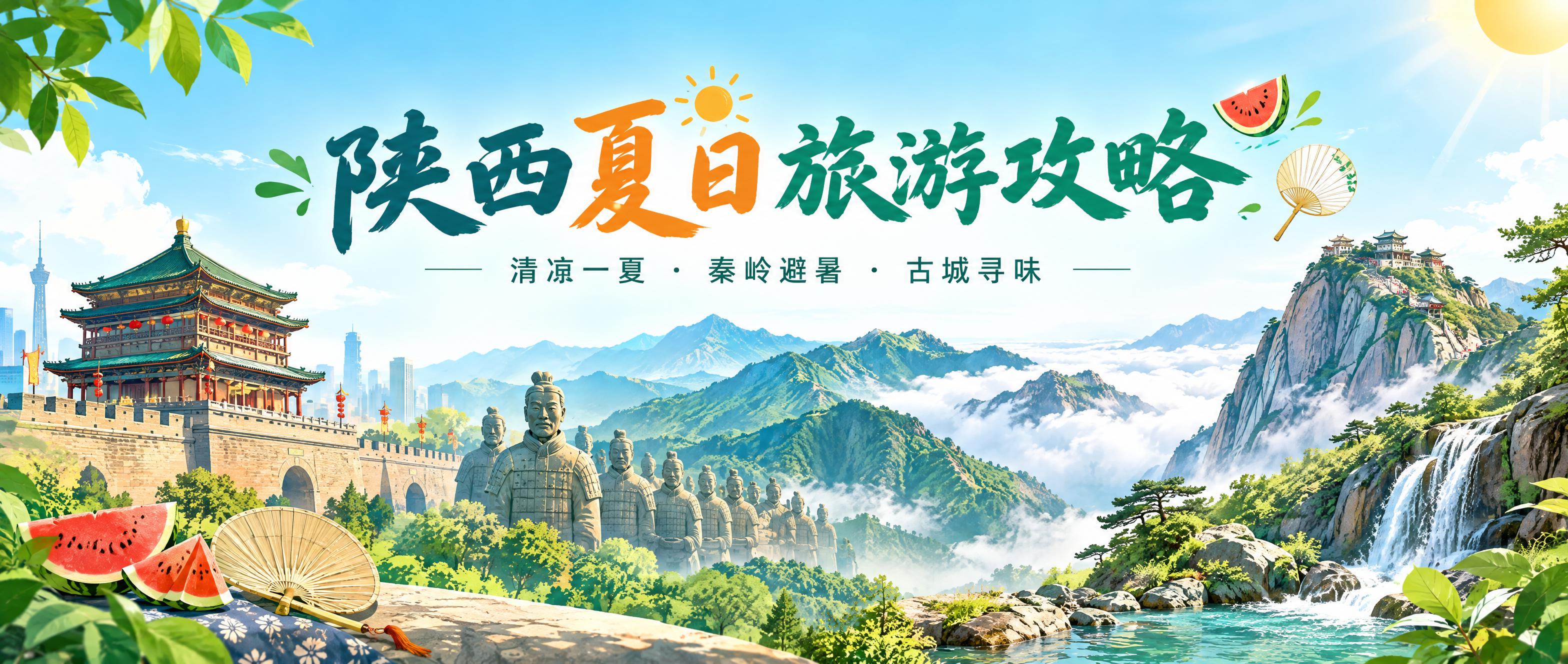 微信公众号首图，横版宽幅构图，主题“陕西夏日旅游攻略”。夏日旅… - 图片创意预览