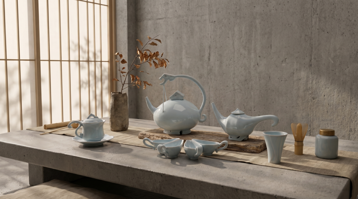 为这套浅蓝色青瓷茶具生成现代极简风格的真实使用场景效果图，保留产品原有造型和颜色，极简侘寂风茶空间，16:9比例预览效果