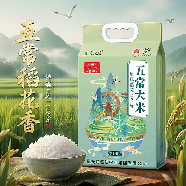 [主图-1] 立体展示五常大米袋装正面全貌，将平面包装转换为真实摄影质感的三维产品图；包装正面放置一碗颗粒饱满晶莹的煮熟白米饭在包装前方，背景为淡绿色调的五常稻田自然风光，远处有朦胧山峦和飞鸟。[氛围风格] 清新自然国风，真实商业摄影，突出食欲和产地氛围；[画质] 商业摄影质感，光线柔和通透，产品清晰真实，画面干净高级；保持大米包装袋的外观（颜色、品牌标识、文字信息）与输入产品图绝对一致，杜绝任何变形和色差，精细化处理；商品主体（包装袋）占比严格控制在60%-80%之间；画面满屏无边框。[光影] 自然清晨柔和侧光从稻田方向照射，米粒通透有光泽，包装轮廓清晰自然，阴影过渡柔和，真实立体光影。[配色] 主色调为包装原生浅豆绿色，搭配稻田青绿色、米饭奶白色，整体清新自然。[视角构图] 45度斜侧平视，立体展示包装正面，前中后景分层，景深适中，包装完整不裁切。[文字版式] 左上角保留原品牌"五禾纯臻"Logo，保持字形、配色和比例不变；左下方主文案大字粗体写"五常稻花香"，浅金色书法字体；右侧辅助小字写"特等GB/T 19266"，清晰不遮挡主体。[比例分辨率] 1:1 比例，4k 分辨率；文字清晰锐利，画面超高清。[负向提示词] 变形，水印，文字错乱，产品图模糊，背景杂乱，平面贴图感，文字遮挡主体。