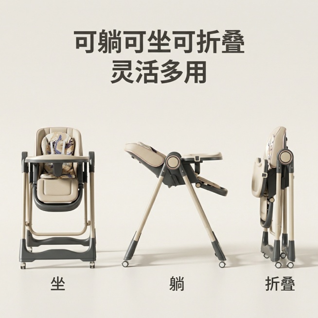 根据图中的产品创作出10张极简风格的电商主图图片中包含一个卖点全新PP料、PU坐垫、可躺可坐可折叠、靠背6档调节、高低9档调节、脚踏3档调节、万向轮带刹车、带摇椅功能，PU皮坐垫、餐盘前后5挡调节、五预览效果
