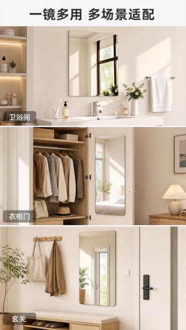 [第6屏] 多场景适配效果展示。
[氛围/风格] 生活化多场景拼接，温馨自然，展示产品广泛适配性，清新明亮的商业摄影质感。
[元素布局] 本屏使用【图1】作为产品原型，保持镜子长方形圆角无框设计不变。预览效果