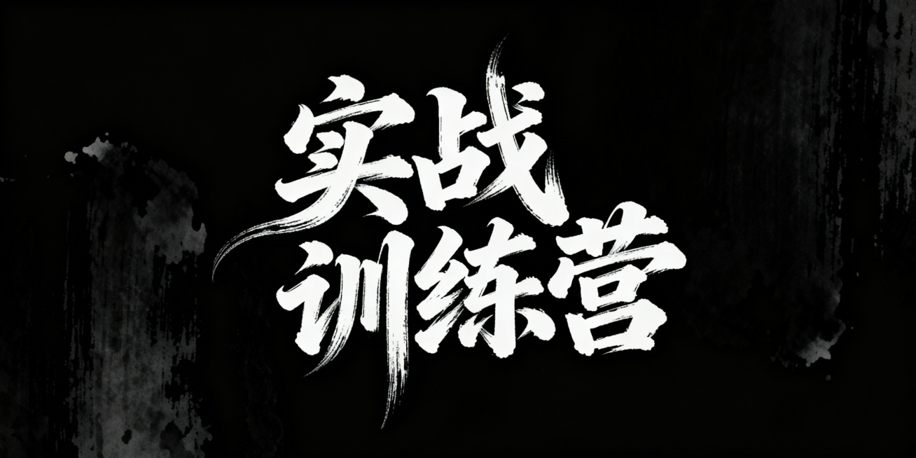 黑底白字，文艺手写字体“实战训练营”，艺术字体设计，笔画巧妙延长变形，带有极强的水墨笔刷效果，视觉震撼；整体呈现极强的艺术写作风格，画面简洁大气，突出文字主体与水墨质感预览效果