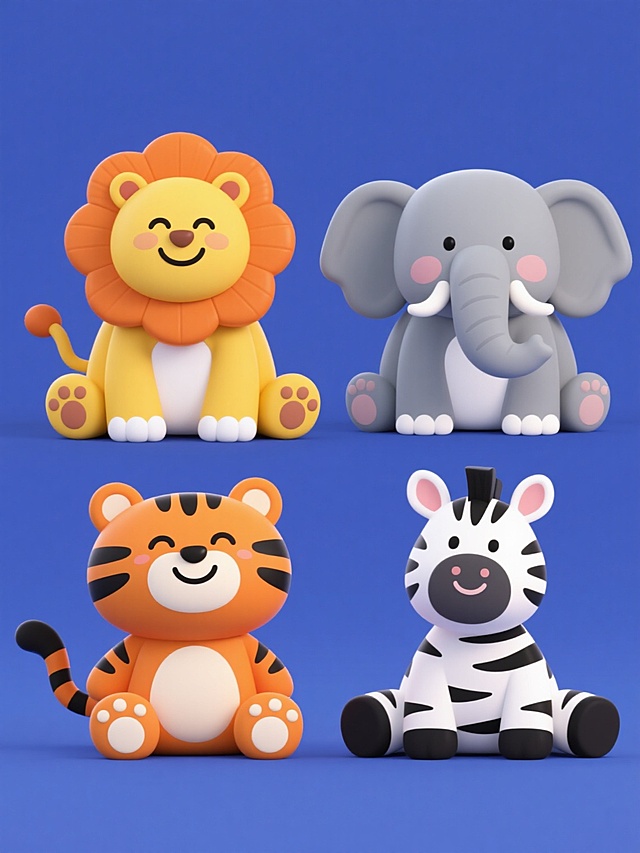 软3D风格插画，四个充满童趣的微笑动物角色独立在各自纯色背景上，色彩鲜明和谐，规整排列在同一画面中形成系列素材集合。左侧第一个是黄色身体、橙色鬃毛、白色腹部和爪子的微笑狮子，眼睛眯成月牙状，坐姿，蓬松的鬃毛环绕头部，尾巴卷曲；第二个是橙色身体、黑色粗条纹、白色腹部和爪子的微笑老虎，同样眯眼笑，坐姿，圆耳朵带黑色内耳；第三个是灰色身体、白色象牙、大耳朵、长鼻子自然下垂的微笑大象，白色腹部和爪子，坐姿；第四个是白色身体、黑色细条纹、白色腹部和爪子的微笑斑马，坐姿，耳朵竖起。所有角色均采用圆润可爱的造型，边缘有轻微阴影增强立体感，线条简洁流畅，整体风格统一，充满童真趣味。