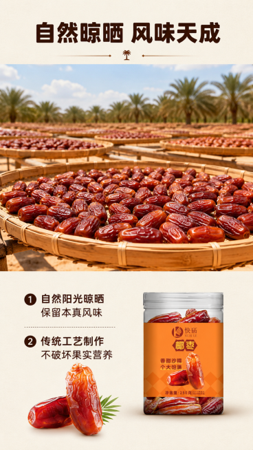 [第6屏] 工艺优势展示-快砳新疆椰枣自然晾晒工艺说明。
[氛围/风格] 自然传统工艺风，干净通透，突出传统工艺天然健康，纪实摄影质感。
[元素布局] 上半部分展示开阔户外晾晒场，竹匾上平铺晾晒的椰枣预览效果