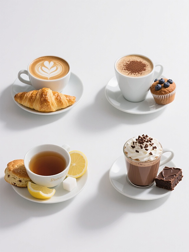 纯白背景上，以写实摄影风格展现四个不同下午茶元素的系列素材集合，呈规整排布。每个元素都具有明亮的光线、清晰的细节和自然的阴影，营造出干净、专业的氛围。左上角为一杯拿铁咖啡，奶泡上有精致的拉花，搭配一个金黄色的牛角面包；右上角是一杯卡布奇诺，撒有可可粉，旁边放着一块蓝莓马芬蛋糕；左下角是一杯伯爵茶，配有柠檬片和方糖，旁边是一块司康饼；右下角是一杯热巧克力，顶部有奶油和巧克力碎屑，旁边是一块巧克力布朗尼。所有元素均保持统一的高清晰度、一致的光影效果和协调的色彩搭配，整体构图平衡且具有视觉吸引力。
