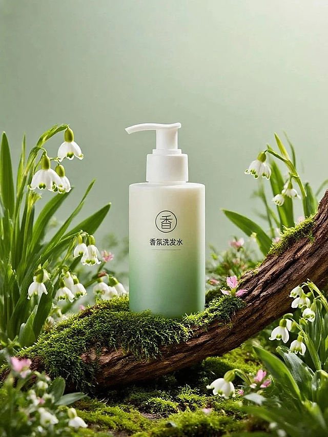 主体放置在覆盖枯木上，周围有绿色苔藓、白色铃兰花、绿叶、粉色小花环绕，背景为浅绿色，光线柔和