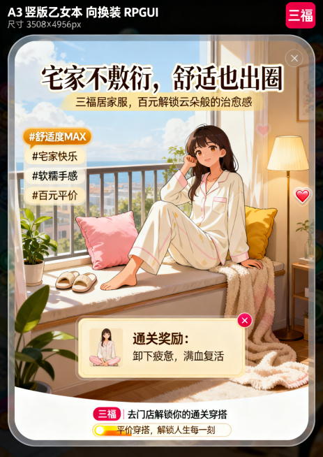 A3竖版二次元海报，尺寸3508×4961px，乙女向换装RPG游戏界面风格，半透明圆角UI外框。主题为《舒适治愈副本 · 通关》，场景是周末卧室阳台一角，氛围暖阳柔软安静治愈，主角是慵懒坐在飘窗上穿预览效果