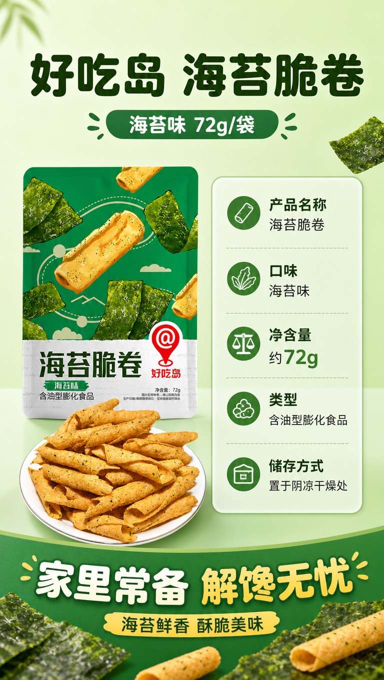 [商品] 使用【图2】产品包装袋与【图1】海苔脆卷实物；保留包… - 图片创意预览
