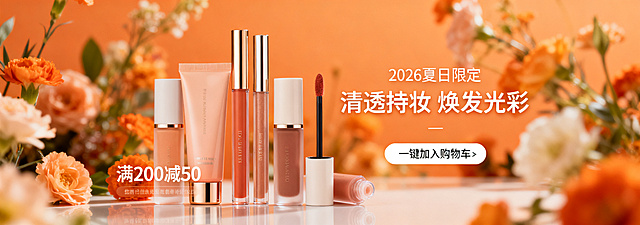重新设计一张女性颜值消费类美妆电商Banner图，去掉人像，以化妆品产品为主展示，夏日浪漫氛围，暖橙色虚化花丛背景，居中摆放多支彩妆产品，主标题文案"2026夏日限定"缩小字体，副标题文案"清透持妆 焕发光彩"缩小字体，左下角标注"满200减50"优惠信息缩小字体，右下角放按钮文案"一键加入购物车"，整体构图以产品为主体，排版舒展，设计层次丰富，高级时尚