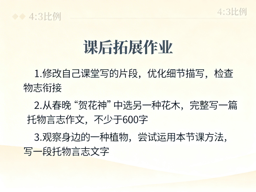 PPT内容页，标题：课后拓展作业，正文：1.修改自己课堂写的片段，优化细节描写，检查物志衔接 2.从春晚“贺花神”中选另一种花木，完整写一篇托物言志作文，不少于600字 3.观察身边的一种植物，尝试运预览效果