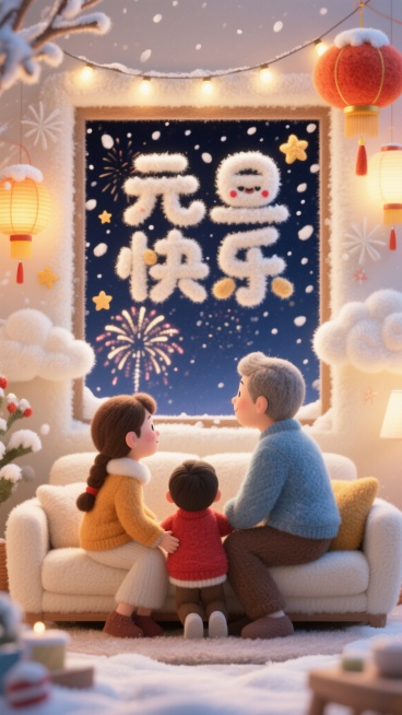 米白色柔和背景，一家人围坐在沙发上，目光望向窗外绽放的烟花，“元旦快乐”以圆润可爱的字体呈现，像毛茸茸的糖霜做的，周围点缀着飘落的雪花、温暖的灯光、祥云、灯笼和小星星，整体氛围治愈、幸福、温馨，3D毛预览效果
