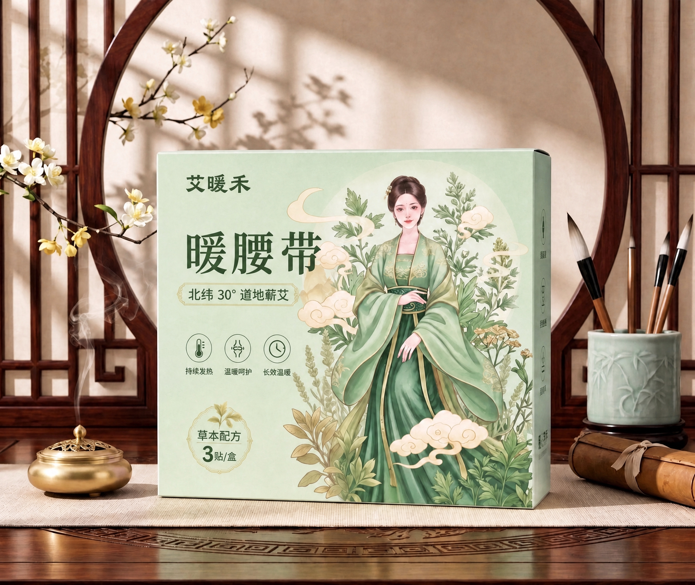 将包装盒上的大字“暖腰贴”修改为“暖腰带”，保持字体、颜色、大… - 图片创意预览