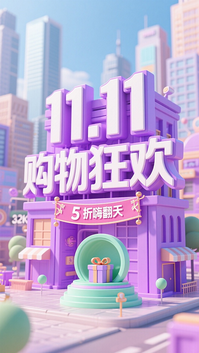 以高饱和紫色为主色调，前景是立体字组成的醒目建筑浅紫渐变，配装饰)及下方“5 折嗨翻天” 横幅;中间有浅绿色园形装置(内有礼物);背泉是繁华都市，画面柔和，32K超简清