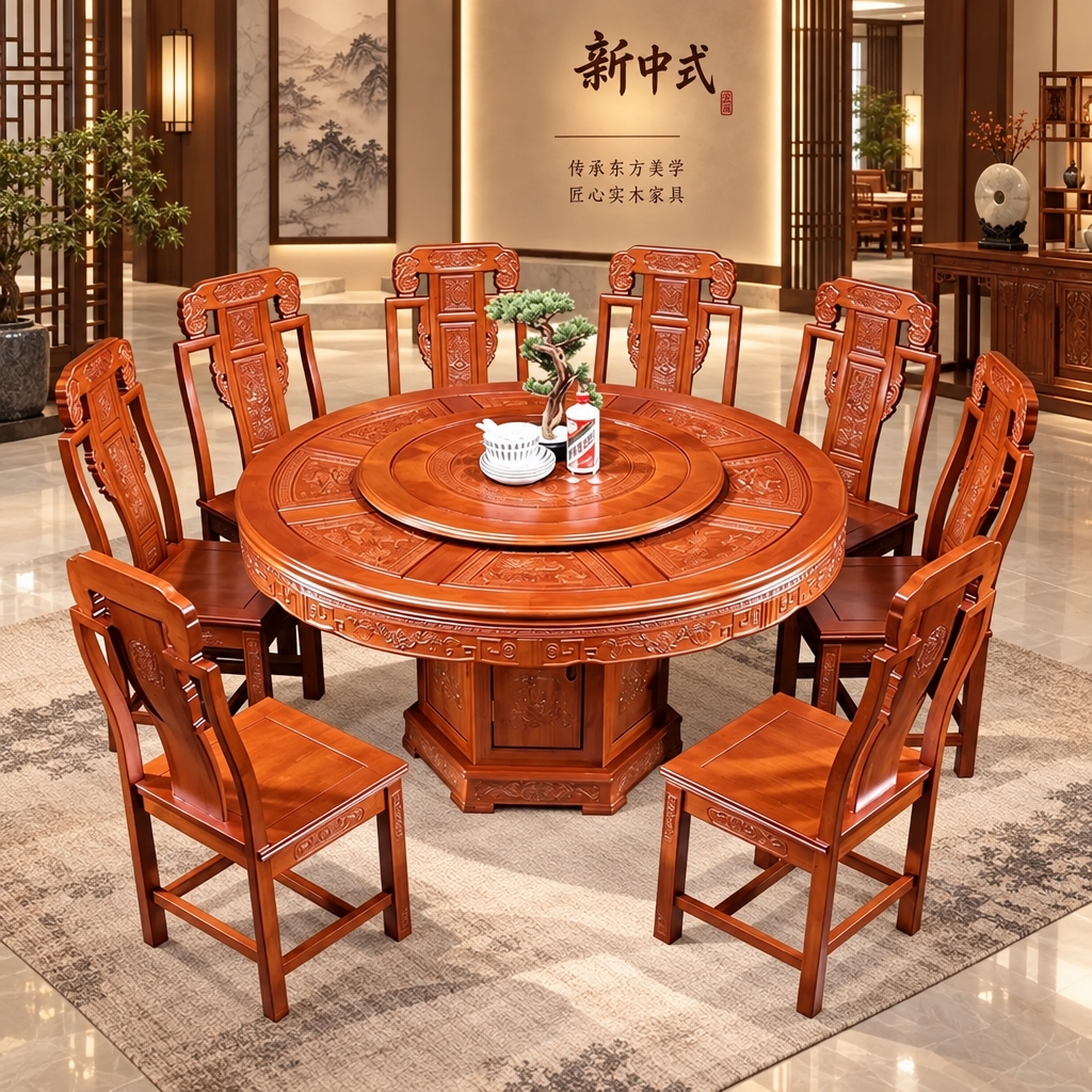 保持这套餐桌椅子产品不变，为其生成一个新中式实木家具展厅风格的… - 图片创意预览