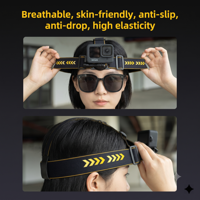 将图片中人物改为女性，把顶部中文文字Breathable, skin-friendly, anti-slip, anti-drop, high elasticity改成英文，保持产品样式和整体构图不变预览效果