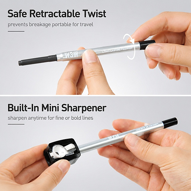 「图片1」，生成一套主图（5张），商品名称是W3W Colored Waterproof Gel Eyeliner Pen, 24H Long Lasting Smudge-Proof Eyeliner, Smooth Rich Color Payoff, Retractable Design with Built-In Sharpener, Beginner Friendly Daily Makeup Eye Liner，卖点是24-Hour Long-Lasting Wear
Featuring a premium, highly pigmented formula, this eyeliner locks in color firmly without fading, dulling or transferring. It delivers flawless, intact eye makeup that lasts from morning till night for all-day perfect looks.
Professional Waterproof & Smudge-Proof Performance
Effectively resistant to water, sweat, tears and facial oil, it fits oily eyelids perfectly. No smudging or creasing even on rainy days, during workouts and outdoor activities, keeping your eye makeup crisp all the time.
All-In-One Design with Built-In Sharpener
Equipped with a hidden mini sharpener on the cap, no extra sharpening tools are required. You can freely sharpen the tip anytime to create ultra-fine delicate lines for daily subtle makeup or thick bold lines for stunning dramatic eye looks.
Safe Retractable Twist Design
Adopts a user-friendly twist-up and retractable structure for easy application and storage. It effectively prevents pencil breakage, allowing quick makeup touch-ups on the go, and is lightweight and portable for travel and outdoor use.
Ultra Smooth & Beginner-Friendly
Boasts a soft, creamy gel texture that glides smoothly along the lash line without pulling or skipping. Super easy to control, even makeup beginners can effortlessly create precise wing liners and natural, delicate eye makeup.
Versatile Multicolor Options
Comes with a variety of classic and trendy shades to choose from. It matches multiple makeup styles, including daily casual looks, elegant office makeup, gorgeous party and sweet date eye looks.
Wide Application Scenarios
Perfect for everyday casual wear, office makeup, dates, parties, travel, sports and outdoor activities. Suitable for all skin types and eye conditions. It is a must-have essential makeup tool for beauty enthusiasts, makeup beginners and professional makeup artists.「图片1」「图片1」「图片1」「图片1」「图片1」「图片1」「图片1」「图片1」「图片1」，适配亚马逊/跨境平台，主图比例为1:1