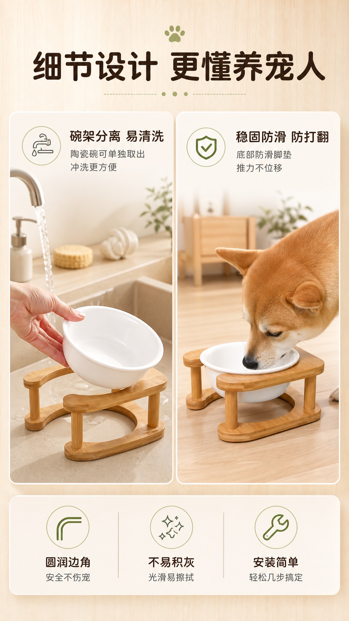 [商品] 使用【图1】竹木架陶瓷宠物碗；保留白色陶瓷碗与竹木支… - 图片创意预览