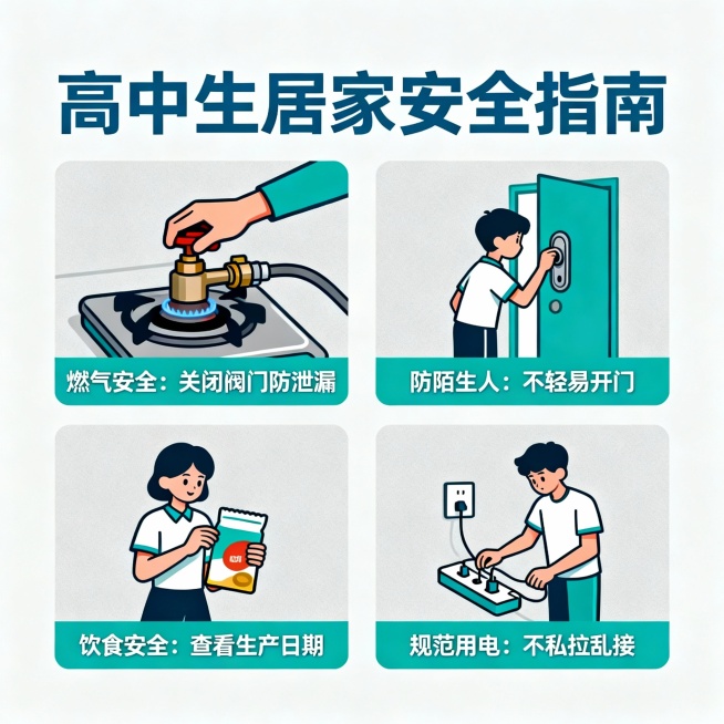高中生：二、居家安全
1.使用燃气需专人看护，离家前务必关闭闲置电源与燃气阀门，严防漏气漏电事故；不给陌生人开门，不向楼下抛物，不攀爬阳台、窗台，避免意外坠落。
2.远离危险玩具，不购买假冒伪劣、“三预览效果