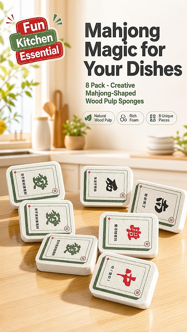 [第1张] 详情页头图-Mahjong-Shaped Wood Pulp Sponge Scrubber 8 Pack 麻将海绵硬核头图。
[氛围/风格] 国潮趣味风，明亮温馨厨房场景，活泼有趣，商业摄影质感，亚马逊跨境详情页风格。
[元素布局] 画面中下部展示8块麻将造型木浆棉海绵错落排列展示，占画面约50%；海绵为白色木浆棉材质，长方形麻将牌造型，边缘圆润；每款海绵上印有不同的麻将风格图案，有绿色款、红色款、黑色款等，图案清晰，创意有趣；背景为明亮温馨的现代厨房场景，浅色调，有模糊的厨房台面、餐具和绿植元素，营造家居清洁氛围；底部有浅色木质台面，海绵下方有柔和的倒影和投影；画面左上角有创意趣味标签；右侧留出文案区；整体画面明亮活泼，传递趣味创意的国潮家居感。
[光影质感] 左上方柔和自然光为主光，明亮清晰，海绵表面有柔和的高光；右侧辅助光勾勒产品边缘；底部木质台面形成柔和投影；整体光影柔和明亮，温馨感十足。
[配色色系] 全局背景：明亮白色+浅木色厨房背景；主品色：白色木浆棉海绵+绿色图案+红色图案+黑色图案；强调色：国潮红 +国潮绿 +深灰色文字；整体明亮活泼，趣味感强。
[视角构图] 45度微俯视，浅景深，海绵群为第一视觉中心；阅读动线：左上标签 → 右侧标题 → 中心产品。
[文字版式] 右侧文案区左对齐排版。顶部趣味标签 "Fun Kitchen Essential"；主标题 "Mahjong Magic for Your Dishes" 粗体无衬线深灰色大号；副标题 "8 Pack - Creative Mahjong-Shaped Wood Pulp Sponges" 中号，绿色；下方三个小卖点胶囊："Natural Wood Pulp"、"Rich Foam"、"8 Unique Pieces"；所有文字英文，清晰可读，不遮挡产品。
[比例分辨率] 9:16 竖版比例，1K分辨率，文字清晰可辨，高清画质。
[负向提示词] 变形，水印，文字错乱，产品图模糊，背景杂乱，中文字符，白底，防盗刷标识，防水标识，价格，折扣。