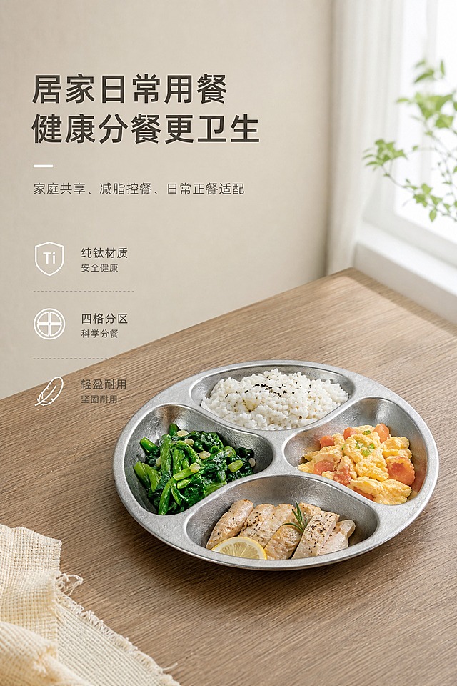 [商品] 使用【图2】纯钛四分格餐盘正面视角；保留圆形轮廓、四格独立分区结构、冰花肌理、哑光金属银灰色质感、边缘厚度与整体形态；1:1实物比例不变形，精准还原口径24cm、高度2.3cm尺寸比例，严格还原产品原色与哑光质感。
[画面] 家庭日常使用场景展示页，左文右景构图，左侧文字区约占35%，右侧场景区约占60%；实景居家餐桌场景，简约原木餐桌之上摆放纯钛四分格餐盘，餐盘内搭配清淡家常餐食（蔬菜、主食、蛋白质分格摆放），真实还原日常使用场景；场景光线柔和自然，窗边柔光，整体色调干净温馨、轻奢高级；无手部、杂物干扰。
[视觉] 套系策略：风格=简约轻奢哑光质感风，自然治愈极简场景风；标题字=无衬线极简高级字体；正文字=无衬线极简细体；主色=金属银灰色(#B8B8B6)、哑光浅灰(#9C9A97)；背景延展=原木餐桌+浅米色墙面+柔和自然光的居家场景，低饱和高级配色；强调色=白色(#FFFFFF)，用于文字高光与小面积点缀；标题色=哑光深灰；正文色=中灰；组件=极简细线分割、留白排版；光影=柔和自然窗边光，左前侧柔光，阴影柔和自然。
[文字] 画面左侧文字区左对齐极简排版，主标题："居家日常用餐 健康分餐更卫生"，高级字体大号居左上部；副标题："家庭共享、减脂控餐、日常正餐适配"，细体中号居主标题下方；文字层级清晰，不遮挡场景主体。
[规格] 图片比例2:3竖版，2K分辨率，medium质量；避免2:3比例错误、场景杂乱花哨、餐桌杂物过多、餐食油腻杂乱、产品变形尺寸不符、色彩艳丽俗气、画面曝光过度暗沉模糊、多余人物手部入镜、网红浮夸场景、卡通滤镜花哨特效、画质模糊噪点。
