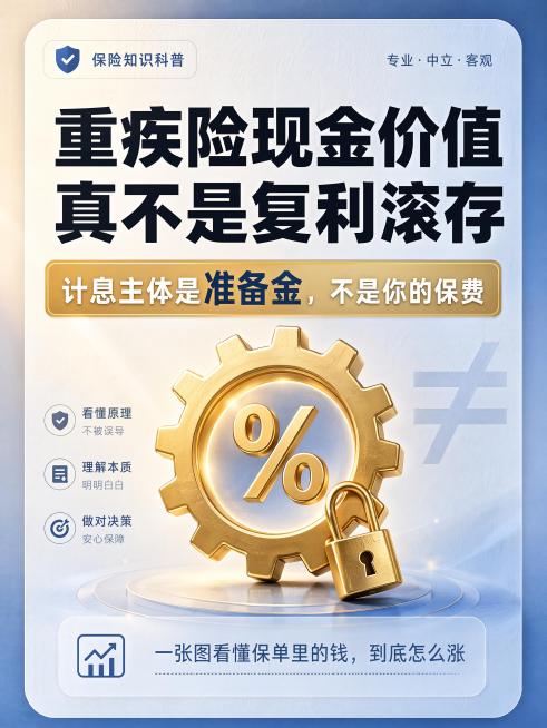 这是一张重疾险知识科普竖版封面，整体风格精致专业不浮夸。画面中央是一枚发光的金色齿轮，齿轮内部有一个百分号%符号，齿轮边缘挂着一个小锁；背景左侧有大面积柔和光晕，右侧悬浮着淡色≠水印。色调：冷静专业的预览效果