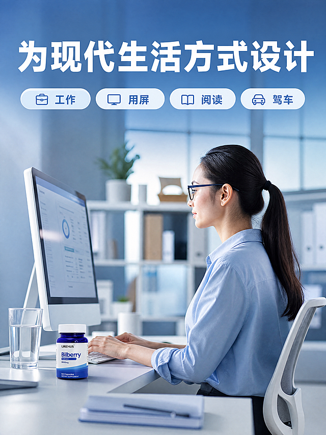 [商品] 使用【图6】URENUS越橘精华胶囊产品图（桌面小瓶场景）；商品处理：保留深蓝色玻璃瓶、白色瓶盖、白色标签、URENUS Logo及所有瓶身英文文字，不翻译不改写；产品比例、颜色、材质完全保真。
[画面] 场景种草页，单场景沉浸型，目标展示现代办公用屏场景适配；明亮现代办公室内，亚洲女性白领（侧面）坐在电脑前专注工作，电脑屏幕发出柔和光线，产品瓶置于桌面左前方（水杯旁）清晰可见；背景为虚化的办公环境，营造真实生活方式感，浅蓝色调统一。
[视觉] 套系策略：风格=国内电商高级商业摄影+轻3D渲染质感；标题字=现代粗黑体大号醒目；正文字=简洁无衬线中黑体；主色=品牌深蓝+天空浅蓝；背景延展=基于蓝色做深浅渐变、同色系层次和细腻磨砂质感；强调色=白色+浅蓝渐变，仅用于小面积图标、引线和标签底；标题色=白色（叠在蓝色块上）+ 深蓝色（叠在浅色背景上）；正文色=深灰蓝；组件=圆角浅蓝信息卡、细线图标、胶囊形标签；光影=左前侧柔光，产品立体感强，有柔和投影。
[文字] 画面上方主标题「为现代生活方式设计」超大字号白色；主标题下方4个圆角胶囊标签横向排列：「工作」「用屏」「阅读」「驾车」；所有文字横向排版，不遮挡人物和产品主体。
[规格] 图片比例3:4竖版，4K分辨率，负向提示：避免变形、错字、文字过小、瓶身文字被替换、人物不自然、产品模糊、医疗功效承诺、极限词。