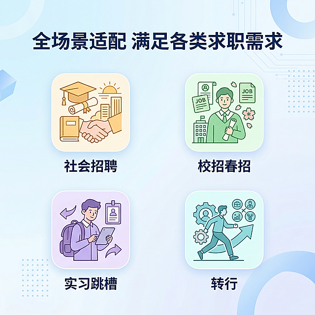 [主图主题] 简历模板适配场景展示；[氛围/风格] 简约商务活力科技风；[画面元素] 画面展示不同求职场景icon：校招春招、社会招聘、实习跳槽、转行，每个icon下方对应文字，整体居中排列，背景用清新浅渐变；[配色色系] 主色调：浅蓝背景；不同icon用浅绿、浅橙、浅紫区分，文字深蓝色；[视角构图] 宫格排列，均衡构图；[文字版式] 顶部主标题“全场景适配 满足各类求职需求”深蓝色无衬线粗体；四个场景图标下方分别标注对应名称，字体清晰，大小一致，排版整齐；整体干净，信息层级清晰；[比例分辨率] 2k分辨率