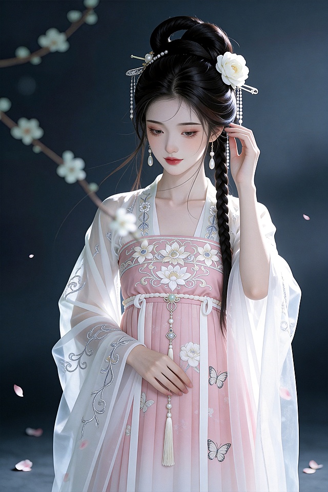 生成古风仕女主题写真，参考图风格为清冷新中式东方美学，低饱和莫兰迪色调，烟粉与月白交织，雅致温婉，柔和侧逆光勾勒发丝轮廓，暗调背景突出人物，光斑点点营造朦胧氛围感；清透细腻冷白肤质，乌黑长发梳成灵蛇髻搭配垂髫，点缀珍珠步摇与银质发簪，鬓边插一朵白色山茶花，耳戴珍珠坠饰；温婉娴静，垂眸浅笑，单手轻拈鬓边发梢，另一只手自然交叠于身前，神态柔美灵动；淡雅古风妆容，远山含黛眉，桃花眼妆，豆沙色唇，身穿烟粉色齐胸襦裙，上襦为月白色纱质广袖绣有银线缠枝花纹，裙身渐变烟粉绣满白色山茶与蝴蝶，腰间系白色丝绦垂着珍珠流苏，外披一层透明纱质大袖衫，衣袂飘逸轻盈；深灰蓝暗调背景，左侧有白色梅花枝斜出，花瓣零星飘落，地面散落几片花瓣，背景虚化有朦胧光斑；半身中景正面构图，人物居于画面中心，左侧花枝作为前景虚化，背景简洁留白，突出人物与服饰细节；样貌与参考图有明显区分，脸型更圆润柔和，眼睛更偏杏眼，整体气质温婉灵动；分辨率4k，电影级光影质感，商业人像摄影级别，画面比例2:3