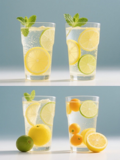 一套4个规整排布的柠檬水素材，保持高清新写实风格，明亮通透的光线，杯壁水珠细节，杯口装饰新鲜薄荷叶，每个杯子装有不同口味的黄色透明柠檬水，包含切片柠檬、青柠、金桔等不同造型样式的水果切片悬浮其中，杯身正面各有不同组合的水果片装饰，底部搭配不同完整水果或切开的水果，均采用纯色背景，无任何文字、logo和水印，整体构图对称平衡，色彩鲜亮自然，单个杯子垂直居中放置，四个素材呈田字格整齐排列。预览效果