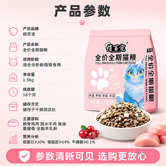 [主图-5] 产品参数规格信息图。
[氛围风格] 温馨清晰宠物风，信息透明可靠感，商业摄影质感；
[画质] 超高清商业摄影质感、光线柔和通透、产品清晰真实、画面干净高级。
[元素] 画面右侧放置俏百宠猫粮粉色包装袋，正面展示，旁边放一碗盛满猫粮的白色碗，粮粒裹着鸡肉绒清晰可见，旁边有蔓越莓和鸡肉块点缀。左侧竖排产品参数信息，每项配粉色线性图标。背景是浅粉色渐变，顶部有一个粉色小爪印装饰。底部有一个粉色圆角横幅。**保持猫粮包装袋外观与输入产品图一致，杜绝任何变形和色差**。商品主体占比约55%。
[光影] 柔和正面光，产品清晰，阴影自然，整体明亮干净。
[配色] 主背景色系：浅粉色渐变；辅助色：白色、深粉色；强调色：粉色图标、橙色对勾；卡片/图标色：粉色线性图标；标题色：深灰色粗体。
[视角构图] 左右构图，左侧信息右侧产品，平视角度，信息层级清晰。
[文字版式] 顶部大标题"产品参数"深灰色粗体大号字，下方粉色小爪印装饰。左侧竖排七项参数，每项前有粉色图标：盾牌图标+"产品品牌 俏百宠"、包装袋图标+"产品名称 全价全期猫粮"、猫咪图标+"适用阶段 适合全阶段猫猫食用"、重量图标+"净含量 1.5kg"、时钟图标+"保质期 18个月"、箱子图标+"储存方式 储存于干燥阴凉处"、饭碗图标+"主要原料 脱骨鸡肉 脱水牛肉 鱼油 蔓越莓 全脂羊乳粉"、图表图标+"营养分析 粗蛋白≥30% 粗脂肪≥14% 牛磺酸≥0.1%"。底部粉色圆角横幅白字"参数清晰可见 选购更放心"，左侧有白色对勾盾牌图标。
[输出要求] 1:1比例，文字清晰可辨，超高清商业摄影质感。
[负向提示词] 变形，文字错乱，产品图模糊，背景杂乱，水印，电商平台Logo，多余的手，畸形手。