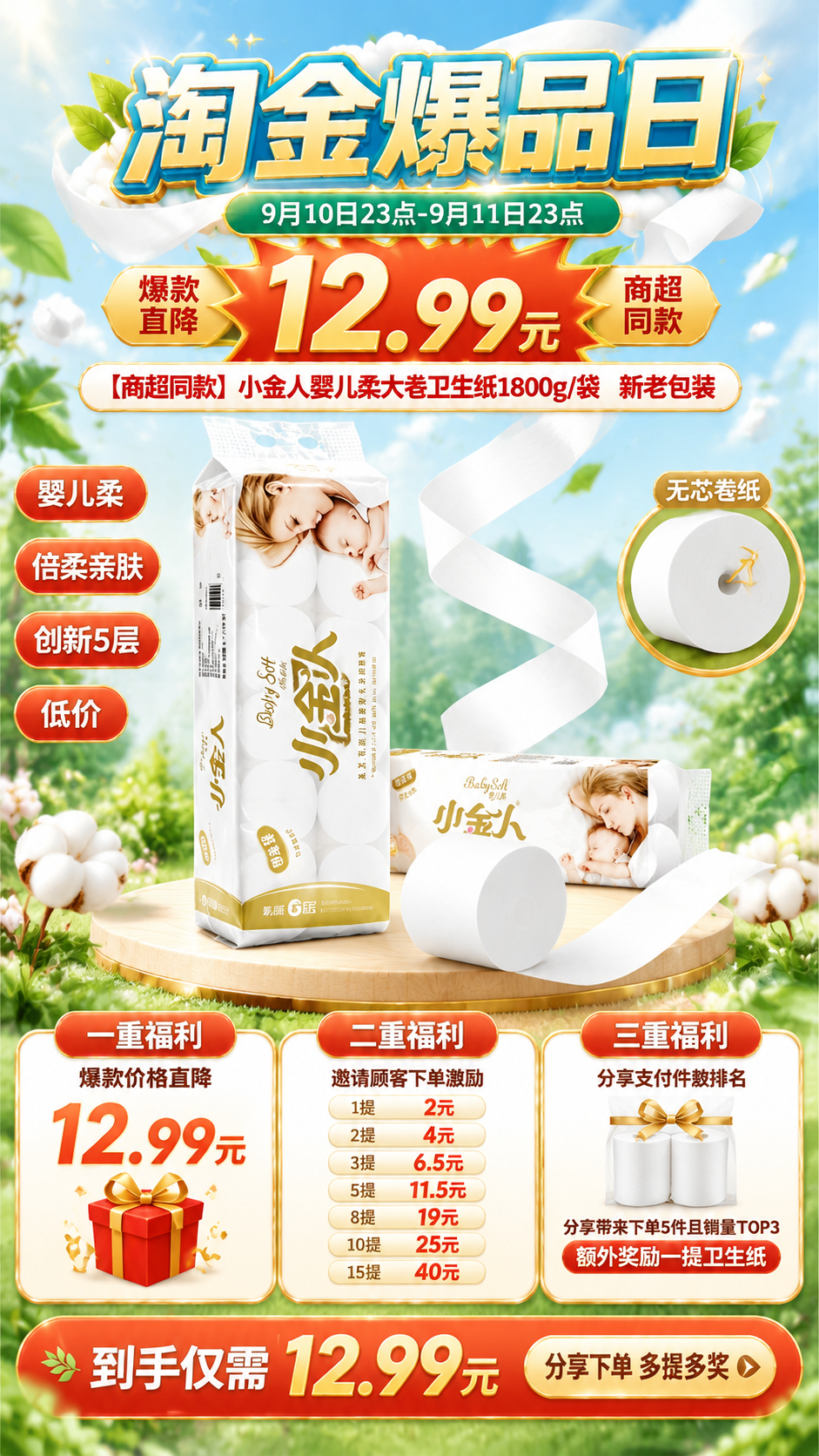 基于用户上传的小金人卫生纸商品图（图1整提竖版包装、图2多卷横… - 图片创意预览