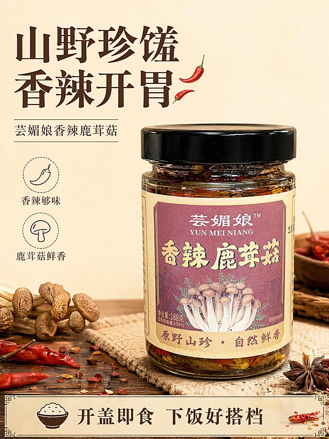 「图片1」，生成详情页，商品名称为芸媚娘香辣鹿茸菇，适配抖音/快手平台，单图比例为4:3，需求屏数为4张。产品图片补充图片「图片1」「图片1」，有一张请参照「图片1」这张图上的文字生成，再参考这张图上的产品详情生成一张「图片1」，再参考这张图上的产品详情生成一张「图片1」