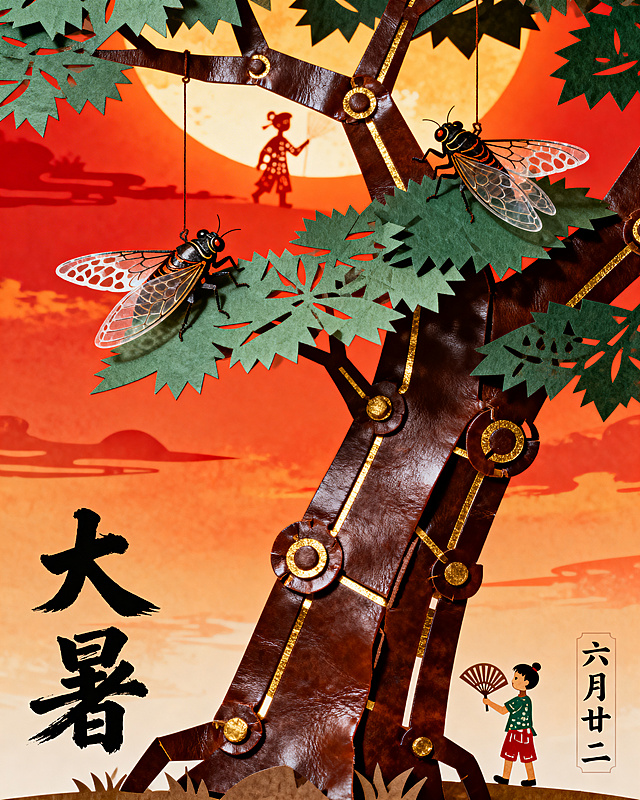 一张中国传统节气“大暑”的皮影戏风格海报。画面中心是一棵巨大的老槐树，树干由深褐色皮革材质构成，具有皮影戏偶的关节结构和金色描边，叶片边缘呈现锯齿状剪纸纹理。树上挂着几只振翅的蝉，蝉翼透明且有镂空花纹，仿佛正在鸣叫。背景是炽热的橙红色天空，象征烈日当空，上方隐约可见皮影戏人物剪影，孩童在树下摇扇纳凉。左侧竖排书法文字“大暑”，字体为苍劲有力的毛笔字。右下角标注“六月廿二”。整体采用朱砂红、墨绿、深褐的配色，光影对比强烈，具有浓厚的中国传统非遗文化氛围，构图疏密有致，细腻精致，8k分辨率