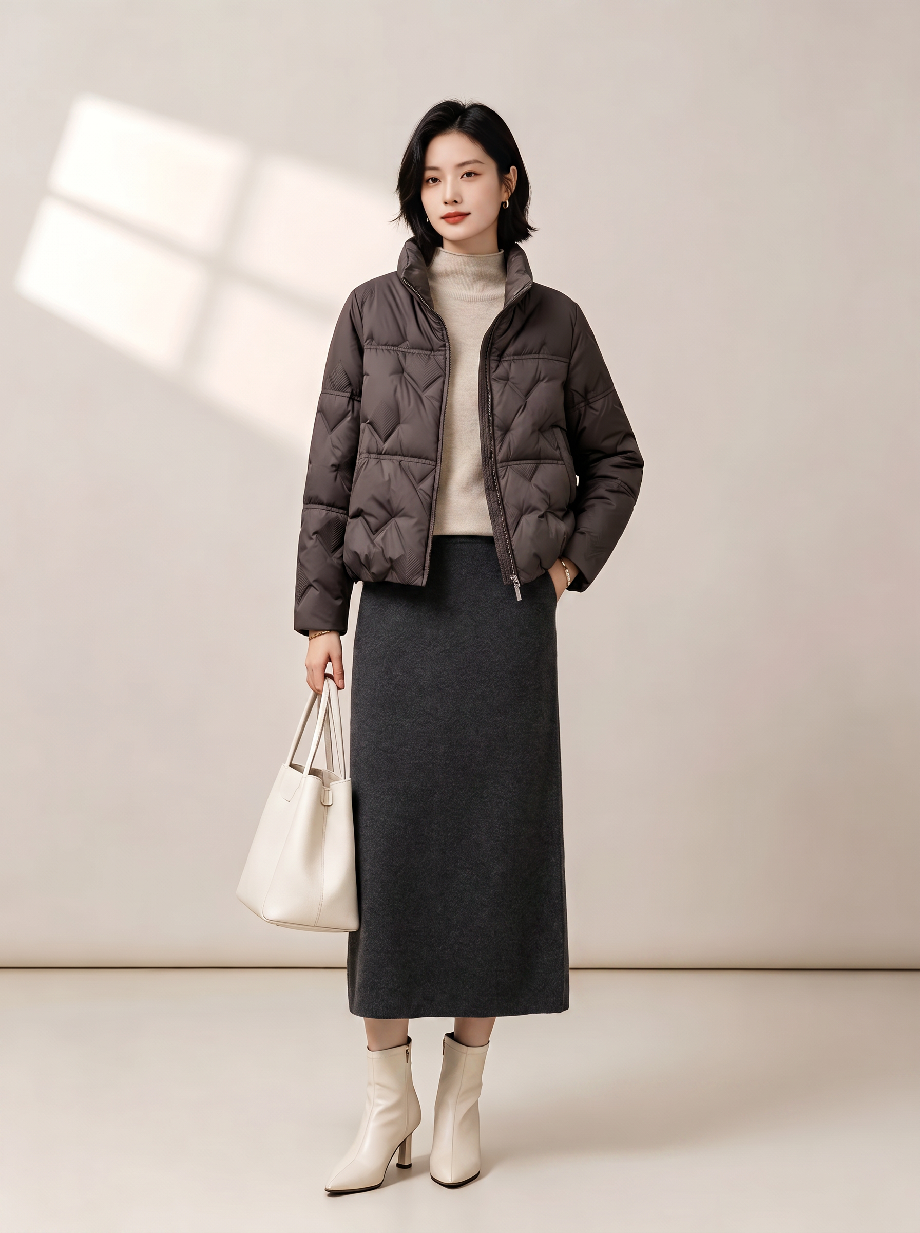请将参考图 1 的【深咖灰色短款立领羽绒服】1:1 还原其款式… - 图片创意预览