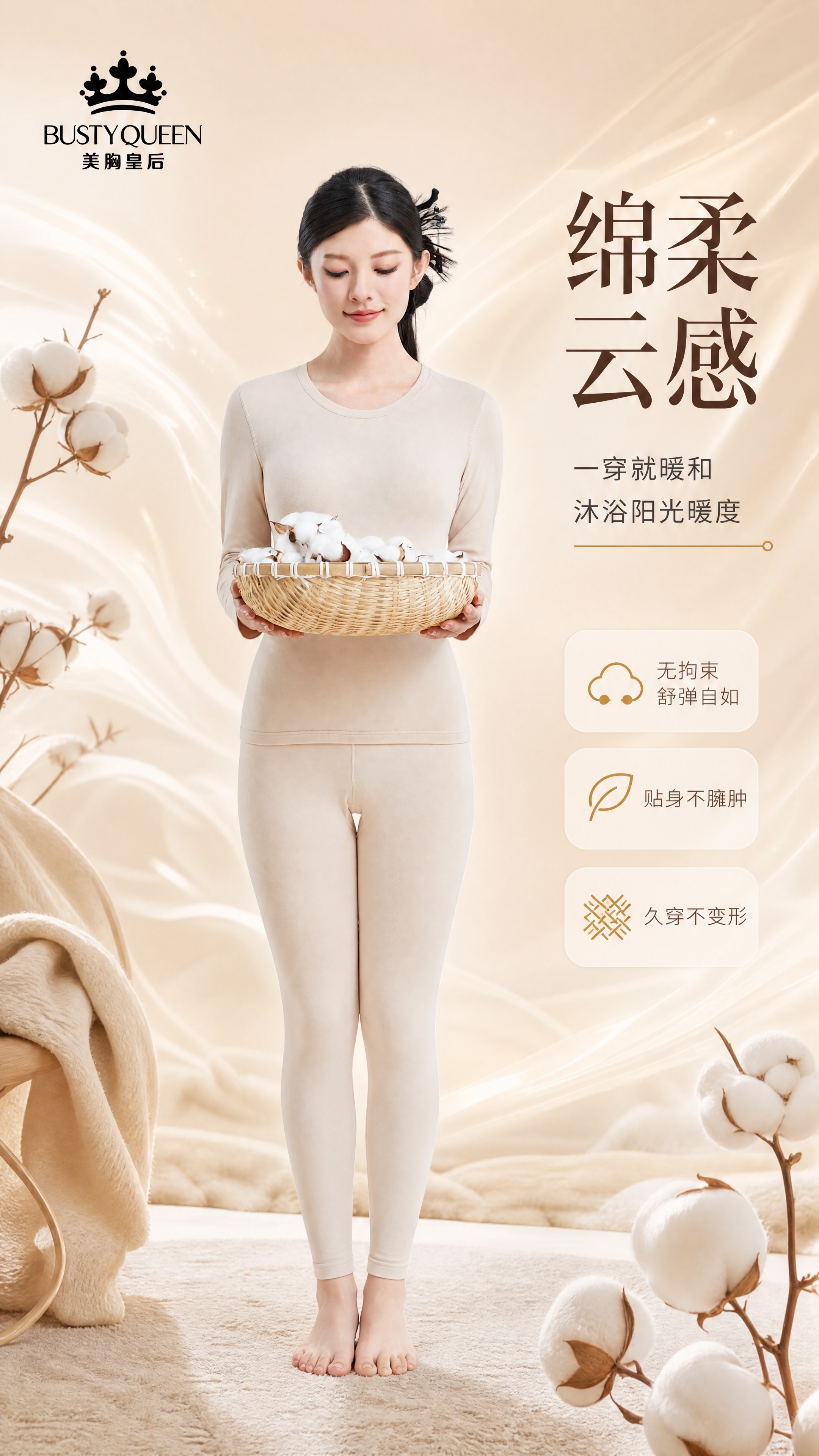 [商品] 使用【图4】浅杏色女式蚕丝棉保暖内衣套装模特图；保留… - 图片创意预览