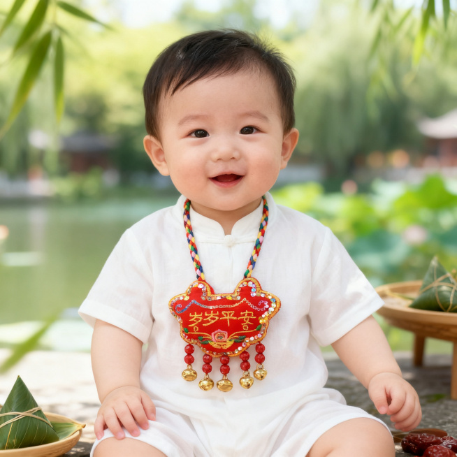 端午节日里，穿白色衣服的半岁男宝宝，胸前挂着一个精致的红色岁岁平安刺绣小香包，活泼可爱，户外背景，温馨氛围预览效果