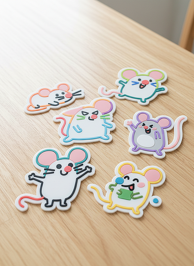 根据参考图生的6个图案，生成对应的6个异形硅胶杯垫，都放在室内明亮的桌子上，随机堆叠