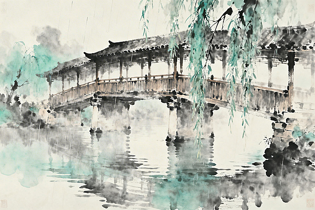 烟雨廊桥，细雨中的廊桥，垂柳倒影，柔和的玉色与灰色配色，晕染风格