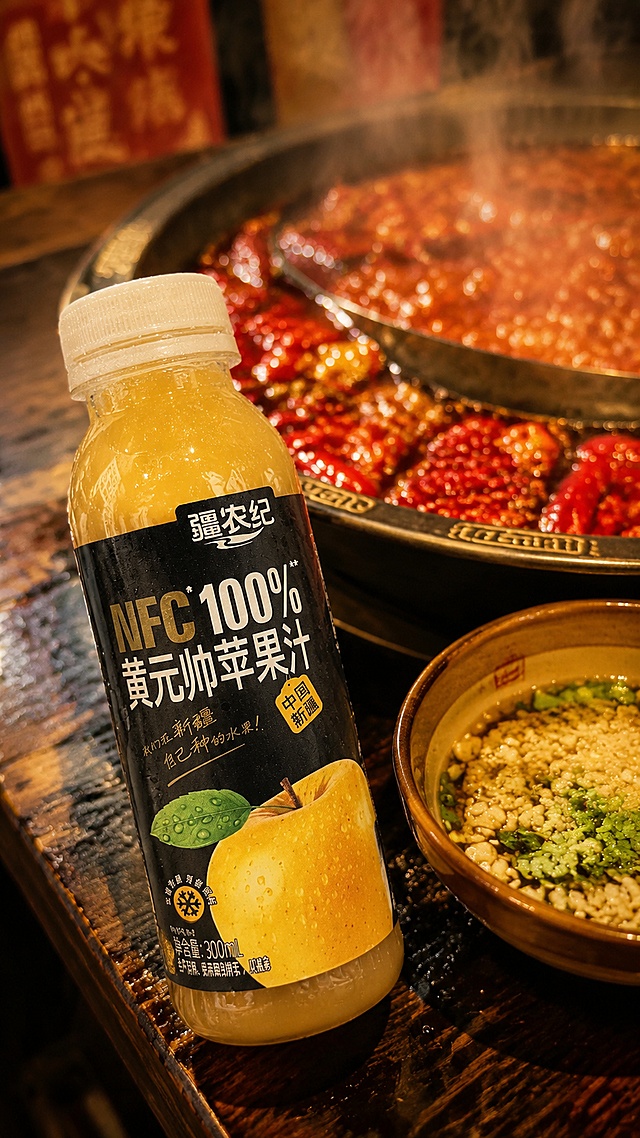 超写实商业产品摄影。
主体：饮料果汁严格参照上传产品图https://gdesign-dam-hz.dancf.com/37019971613349032/017718b660b64d5f9435c4a7626257bf.png，完整保留所有可见组件、部件、轮廓、结构、比例、材质、颜色与产品本体上的文字信息（logo / 型号 / 规格 / 参数等），与上传图完全一致；放在火锅桌蘸料旁，自然融入场景光影，与场景共处同一物理空间。瓶身带冷凝水珠。背景无同类果汁产品。
构图：45度俯拍，黄金分割构图。
风格：热闹重庆火锅氛围。
场景：重庆老火锅店八仙桌，牛油锅底氛围。
承载：①饮料放在深色老木桌角；②背景是冒泡的红牛油锅底，蒸汽缭绕，浅景深突出主体；③旁边放着蒜泥油碟。
配色 / 材质：深红牛油色 / 深木棕 / 蒜白；实木 / 陶瓷 / 玻璃。
光影：主光来自店里筒灯暖光，直射瓶身，水珠通透，整体暖红调。
参数：4K写实。严格锁定宽高比为 9:16。