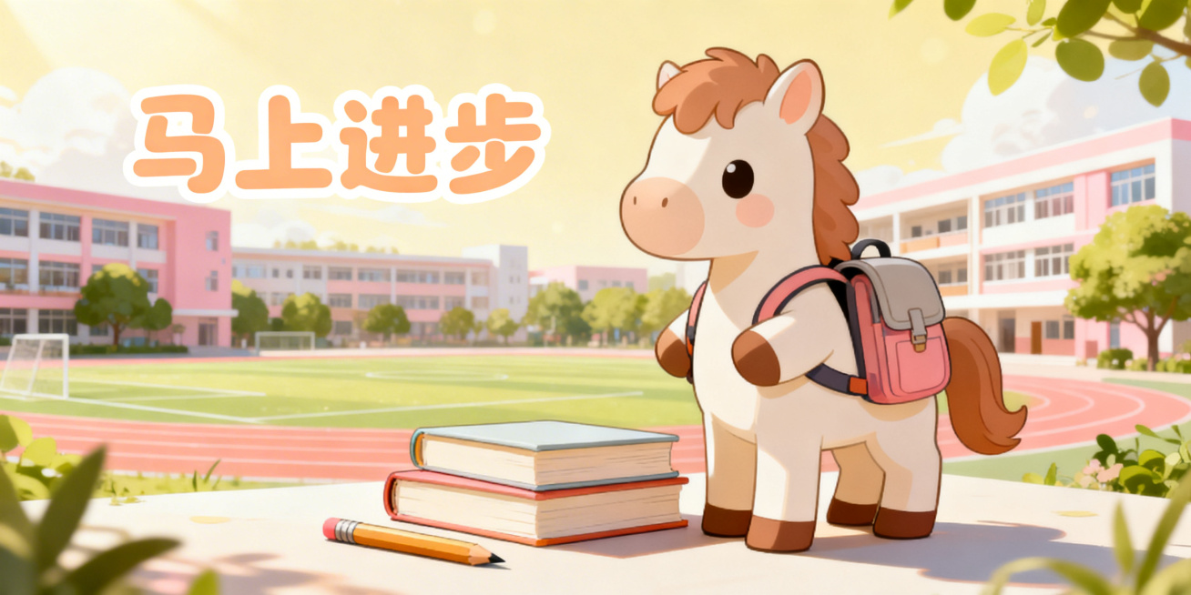 以“马上进步”为主题，绘制一幅温馨治愈风格的插画，画面中有背着书包的可爱小马，旁边摆放着书本和铅笔，背景是充满阳光的校园场景，整体色调明亮柔和，突出新学期积极向上的氛围预览效果